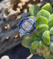 platinum Art Deco mine cut diamond and sapphire ring