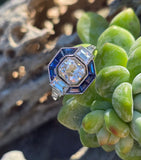 platinum Art Deco mine cut diamond and sapphire ring