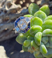 platinum Art Deco mine cut diamond and sapphire ring