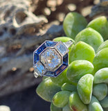 platinum Art Deco mine cut diamond and sapphire ring