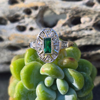 18ct two tone emerald and diamond estate Art Deco ring