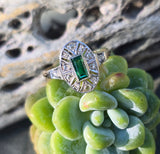 18ct two tone emerald and diamond estate Art Deco ring