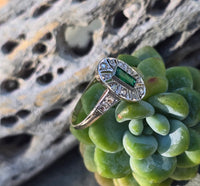 18ct two tone emerald and diamond estate Art Deco ring