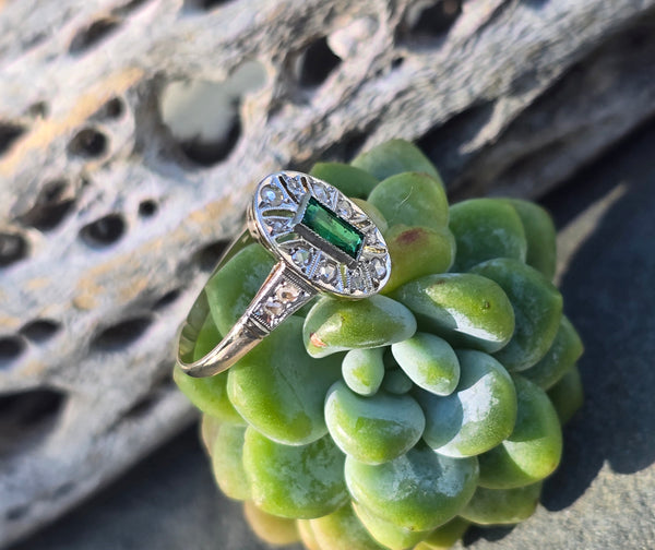 18ct two tone emerald and diamond estate Art Deco ring Rambling Rose