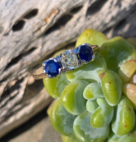 14k two tone blue sapphire & diamond antique estate ring band