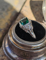 18k white gold emerald and diamond estate Art Deco vintage filigree antique ring