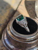 18k white gold emerald and diamond estate Art Deco vintage filigree antique ring