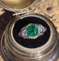 18k white gold emerald and diamond estate Art Deco vintage filigree antique ring
