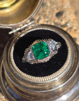 18k white gold emerald and diamond estate Art Deco vintage filigree antique ring