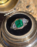 18k white gold emerald and diamond estate Art Deco vintage filigree antique ring