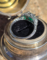 18k white gold emerald and diamond estate Art Deco vintage filigree antique ring