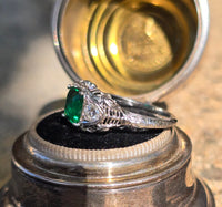 18k white gold emerald and diamond estate Art Deco vintage filigree antique ring