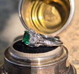 18k white gold emerald and diamond estate Art Deco vintage filigree antique ring