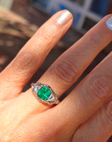 18k white gold emerald and diamond estate Art Deco vintage filigree antique ring