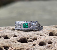 18k white gold emerald and diamond estate Art Deco vintage filigree antique ring