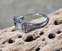 18k white gold emerald and diamond estate Art Deco vintage filigree antique ring