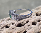 18k white gold emerald and diamond estate Art Deco vintage filigree antique ring
