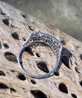 18k white gold emerald and diamond estate Art Deco vintage filigree antique ring