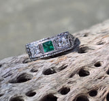18k white gold emerald and diamond estate Art Deco vintage filigree antique ring