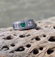 18k white gold emerald and diamond estate Art Deco vintage filigree antique ring