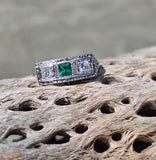 18k white gold emerald and diamond estate Art Deco vintage filigree antique ring