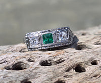 18k white gold emerald and diamond estate Art Deco vintage filigree antique ring