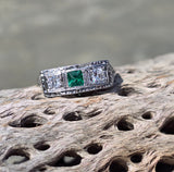 18k white gold emerald and diamond estate Art Deco vintage filigree antique ring