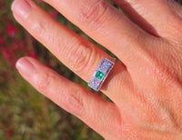 18k white gold emerald and diamond estate Art Deco vintage filigree antique ring