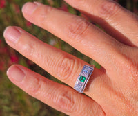 18k white gold emerald and diamond estate Art Deco vintage filigree antique ring