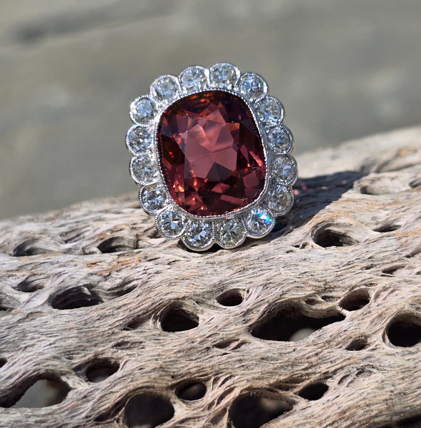 platinum pink tourmaline & diamond estate halo ring