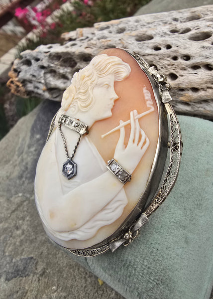 14k white gold BIG carved shell cameo & diamond habill c.1920's estat Rambling Rose 14k white gold BIG carved shell cameo & diamond habill c.1920's estat Rambling Rose