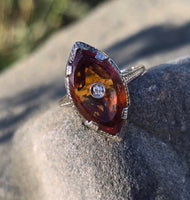 18k white gold citrine and diamond filigree Deco c.1920's estate ring