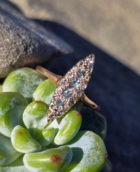 10k gold Victorian natural alexandrite and diamond estate antique navette ring