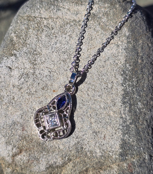 14k gold white gold sapphire and diamond Art Deco necklace pendant