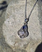 14k gold white gold sapphire and diamond Art Deco necklace pendant