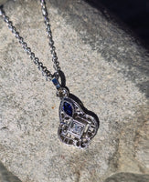 14k gold white gold sapphire and diamond Art Deco necklace pendant