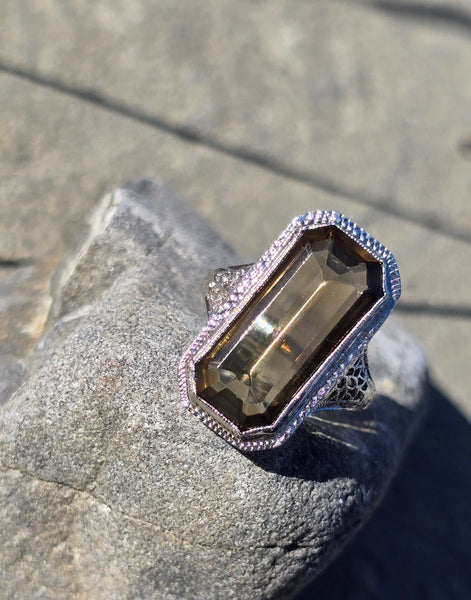 14K white gold c.1920's filigree smokey quartz filigree ring