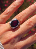 14k white gold c.1920's Art Deco garnet peacock filigree ring