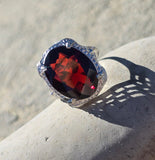 14k white gold c.1920's Art Deco garnet peacock filigree ring