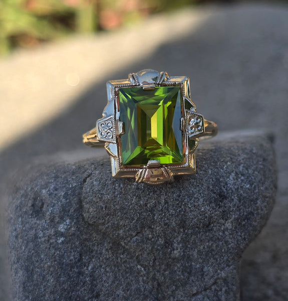Art Deco Peridot Ring Vintage Emerald Cut Peridot Ring 10k Gold