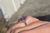 14k white gold created ruby, enamel and diamond filigree estate vintage ring