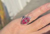 14k white gold created ruby, enamel and diamond filigree estate vintage ring