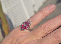 14k white gold created ruby, enamel and diamond filigree estate vintage ring
