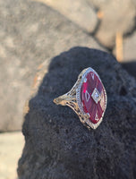 14k white gold created ruby, enamel and diamond filigree estate vintage ring