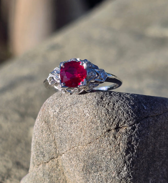 Platinum Art Deco antique ruby and diamond ring