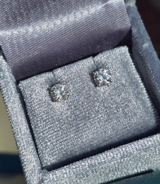 14k white gold old European cut diamond studs earrings .90ct tw