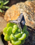 14k white gold filigree Deco diamond and black onyx ring