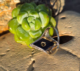 14k white gold filigree Deco diamond and black onyx ring