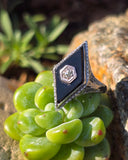 14k white gold filigree Deco diamond and black onyx ring