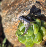 14k white gold filigree Deco diamond and black onyx ring